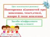Урок мовленнєвого розвитку Повторення відомостей про мовлення, текст,стилі, жанри й типи мовлення