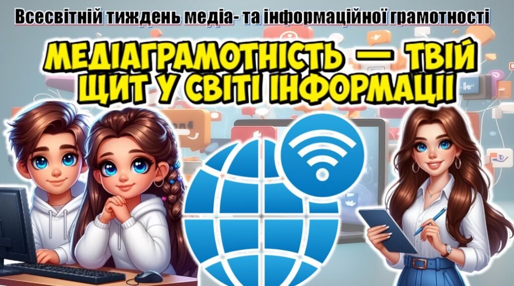 Головне зображення розробки: 📢 Всесвітній тиждень медіа- та інформаційної грамотності. Інтерактивна презентація📚+конспект “Медіаграмотність — твій щит у світі інформації”