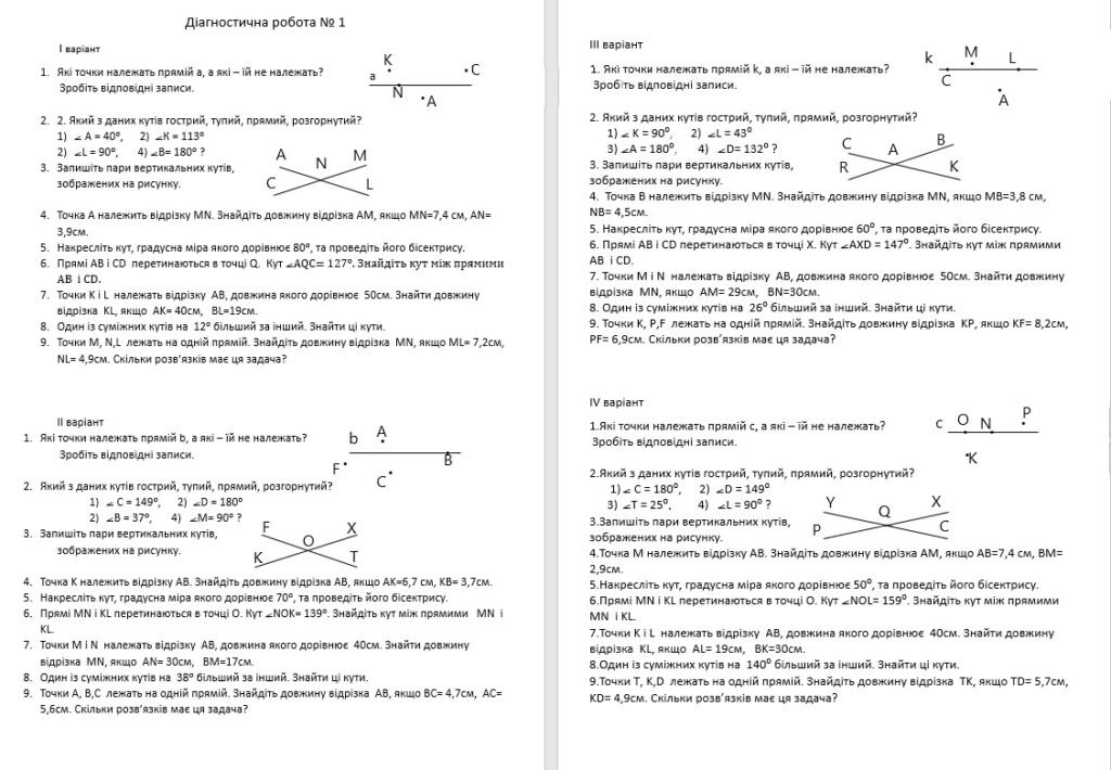 Головне зображення розробки: Діагностична робота з геометрії для 7 класу за темою “Суміжні та вертикальні кути” в чотирьох варіантах