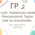 ГР 2. Підсумкова (діагностична) робота. 5 клас. Українська мова. “Лексикологія. Групи слів за значенням” МНП Заболотного 2 варіанти