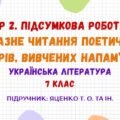 ГР 2. Підсумкова робота. Виразне читання поетичних творів, вивчених напам’ять. Українська література. 7 клас НУШ (підручник: Яценко Т. О. та ін.)