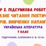 ГР 2. Підсумкова робота. Виразне читання поетичних творів, вивчених напам’ять. Українська література. 7 клас НУШ (підручник: Калинич О. В. та ін.)