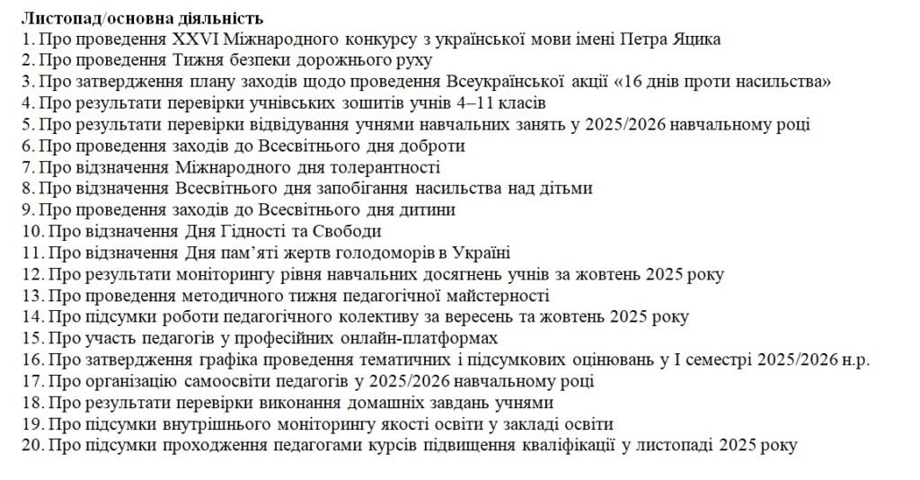 Головне зображення розробки: Накази основної діяльності закладу освіти на листопад 2025/2026 н.р.