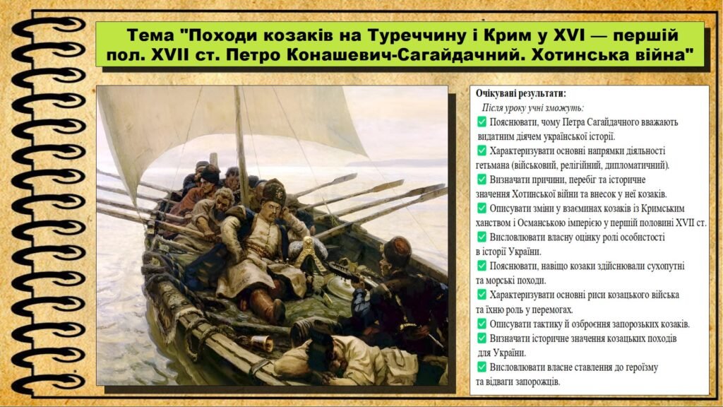 Головне зображення розробки: Походи козаків на Туреччину і Крим у XVI — першій половині XVII ст. Петро Конашевич-Сагайдачний. Хотинська війна. 8 клас (НУШ). Історія України. За пі