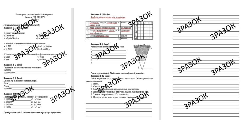 Головне зображення розробки: Комплексна підсумкова робота з географії за І семестр 6 клас за ГР
