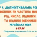 ГР 4. Діагностувальна робота №4. Іменник як частина мови. Рід, число, відмінки та відміни іменників. Українська мова. 6 клас НУШ (Авраменко О. М.)