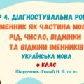 ГР 4. Діагностувальна робота №3. Іменник як частина мови. Рід, число, відмінки та відміни іменників. Українська мова. 6 клас НУШ (Голуб Н. Б.)