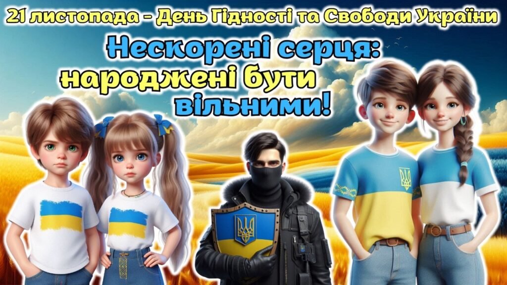 Головне зображення розробки: 21 листопада – День Гідності та Свободи України. Анімована інформаційно-ігрова презентація “Нескорені серця: народжені бути вільними”