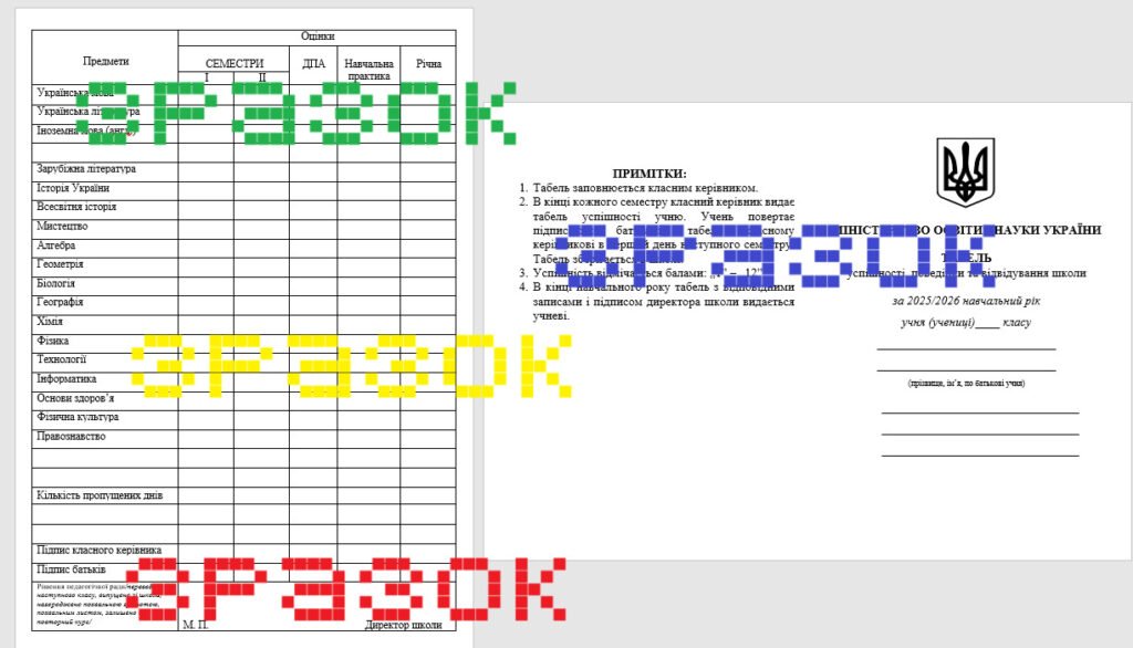 Головне зображення розробки: табель 25-26 навчальний рік