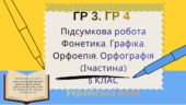ГР 3. ГР4(2 варіанти + відповіді).Підсумкова робота.Фонетика. Графіка. Орфоепія. Орфографія” (І частина) (5 кл.)Українська мова