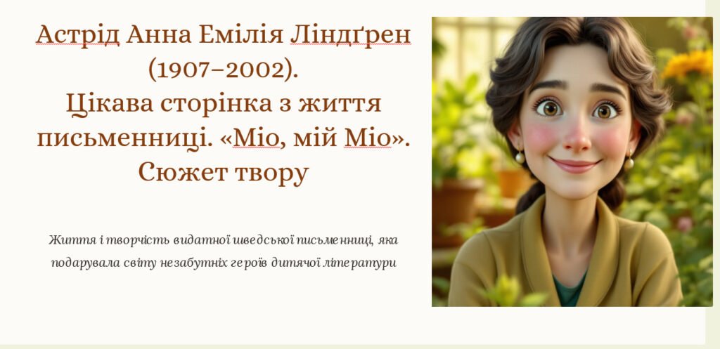 Головне зображення розробки: Астрід Анна Емілія Ліндґрен (1907–2002). Цікава сторінка з життя письменниці. «Міо, мій Міо». Сюжет твору