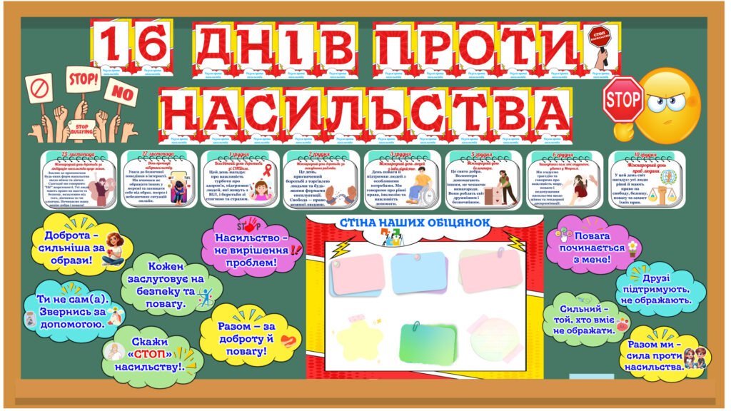 Головне зображення розробки: Міжнародна акція “16 днів проти насильства”. Меганабір: оформлення дошки, визначні дати (8), вислови (12), стрічки, робочий аркуш для учня.