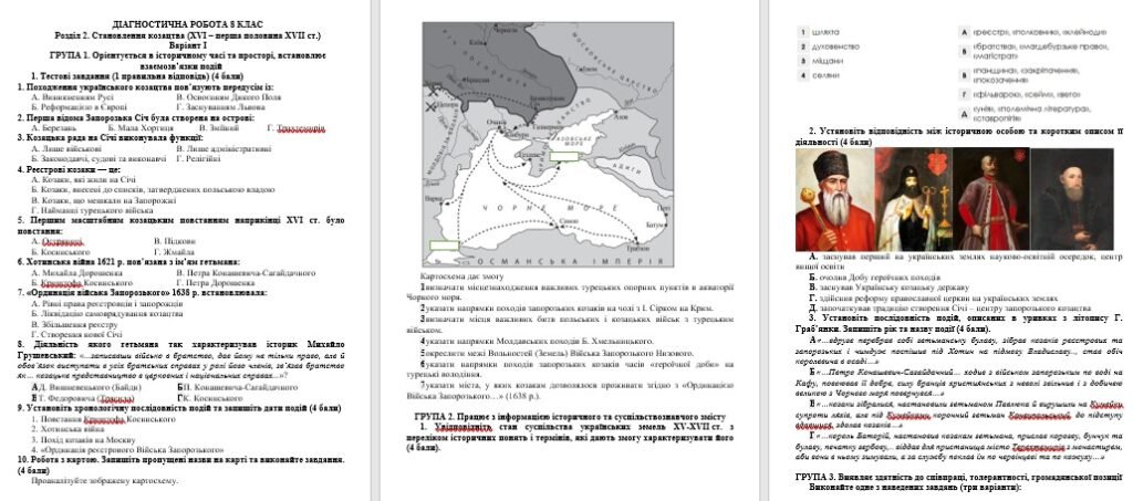 Головне зображення розробки: ДІАГНОСТИЧНА РОБОТА з історії України 8 КЛАС за розділом 2. Становлення козацтва (XVI – перша половина XVII ст.).