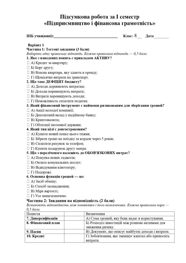 Головне зображення розробки: Підсумкова робота за I семестр з «Підприємництва і фінансової грамотності»