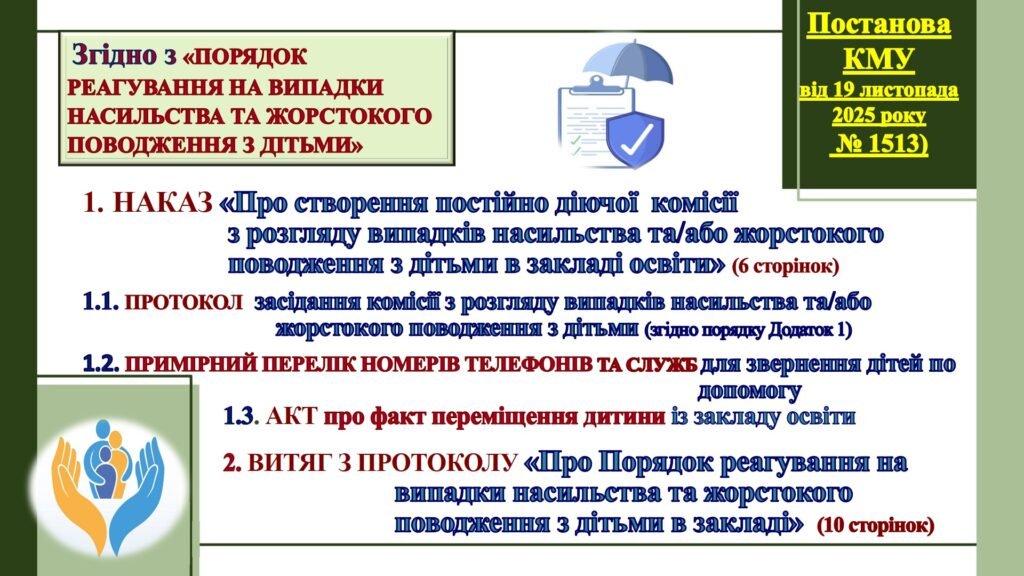 Головне зображення розробки: “ПОРЯДОК РЕАГУВАННЯ НА ВИПАДКИ НАСИЛЬСТВА ТА ЖОРСТОКОГО ПОВОДЖЕННЯ З ДІТЬМИ” ( ЗГІДНО Постанова КМУ від 19 листопада 2025 року № 1513)