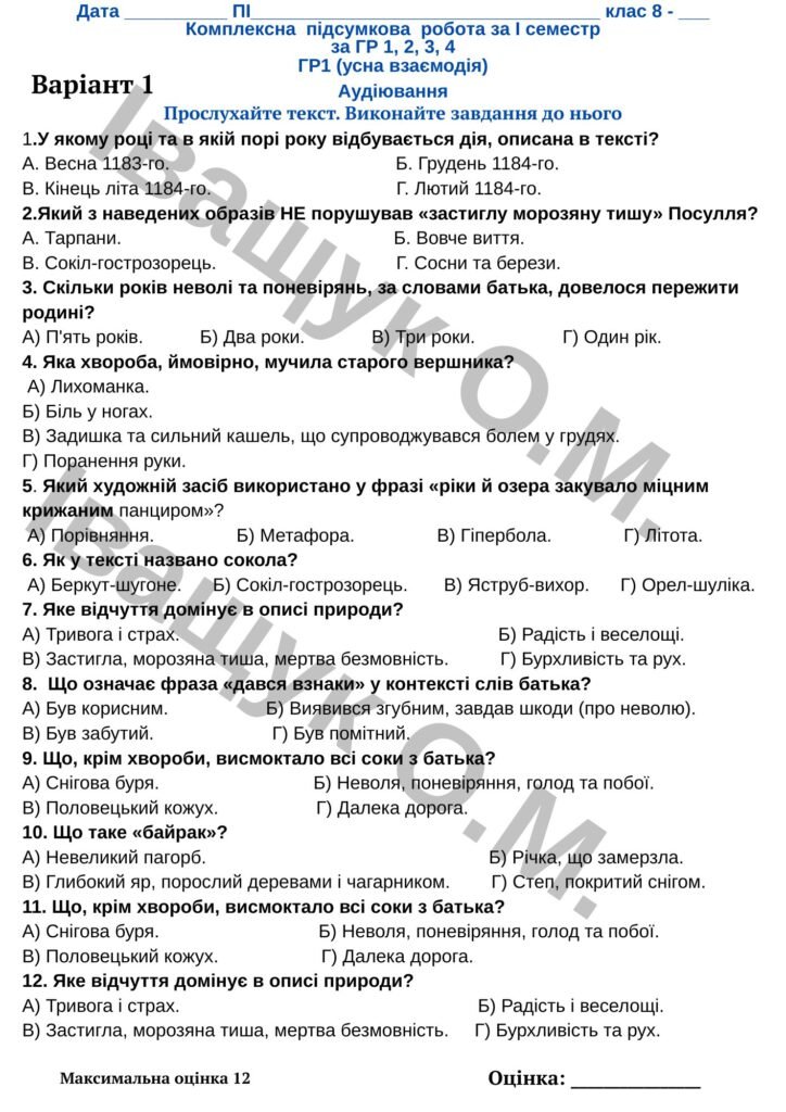 Головне зображення розробки: Комплексна підсумкова робота за І семестр з української літератури для 8 класу.