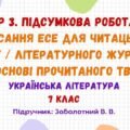 ГР 3. Підсумкова робота. Написання есе для читацького блогу / літературного журналу на основі прочитаного твору. Укр. літ. 7 клас (Заболотний В. В.)