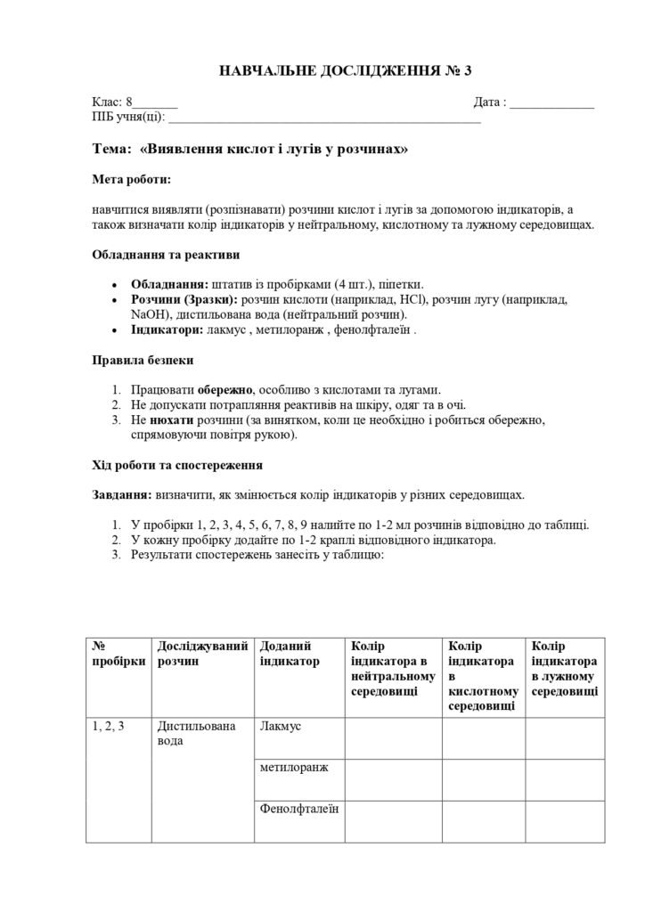 Головне зображення розробки: Навчальне дослідження № 3 з хімії у 8 класі