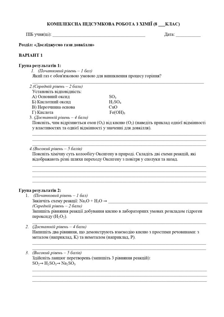Головне зображення розробки: КОМПЛЕКСНА ПІДСУМКОВА РОБОТА З ХІМІЇ у 8 КЛАСІ “Досліджуємо гази довкілля”