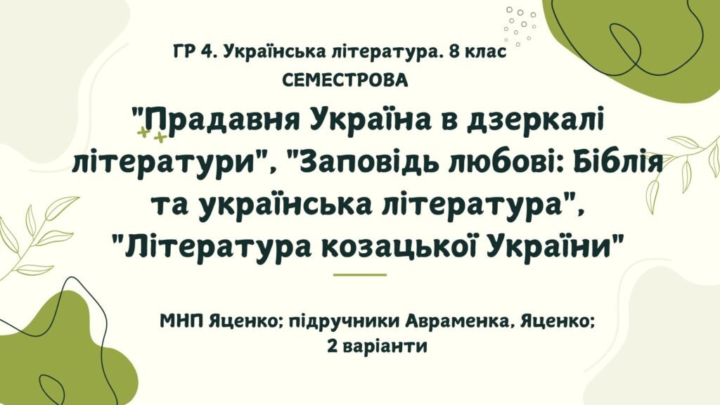 Головне зображення розробки: ГР 4. Українська література. 8 клас. Підсумкова СЕМЕСТРОВА (1 сем) робота. МНП Яценко; підручники Авраменка, Яценко; 2 варіанти