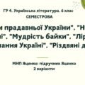 ГР 4. Підсумкова (діагностична) СЕМЕСТРОВА робота (1 семестр) з української літератури 6 клас. МНП Яценко; підручник Яценко 2 варіанти
