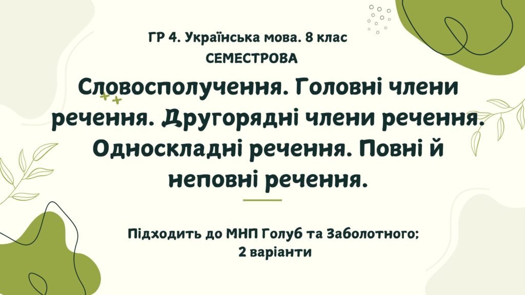 Головне зображення розробки: ГР 4. Підсумкова робота. Українська мова. 8 клас. За І семестр. Підходить до МНП Голуб та Заболотного. ПЕРЕВІРЕНО!!! 2 варіанти