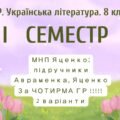 8 клас. Українська література. Комплексна підсумкова СЕМЕСТРОВА (1 сем) робота. За ЧОТИРМА ГР; МНП Яценко; підручники Авраменка, Яценко; 2 варіанти