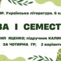 Комплексна підсумкова робота. Українська література. 6 клас. За І семестр; МНП Яценко; підручник Калинич за ЧОТИРМА ГР !!! 2 варіанти