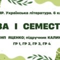 Комплексна підсумкова робота. Українська література. 6 клас. За І семестр; МНП Яценко; підручник Калинич ГР 1, ГР 2, ГР 3, ГР 4