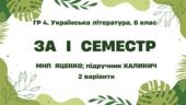 ГР 4. Підсумкова (діагностична) робота. Українська література. 6 клас. За І семестр; МНП Яценко; підручник Калинич 2 варіанти