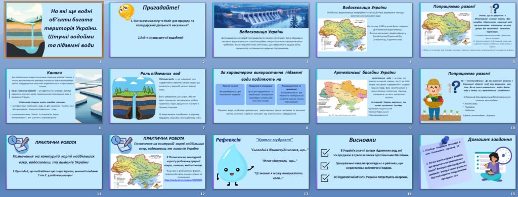 Головне зображення розробки: Презентація “На які ще водні об’єкти багата територія України. Штучні водойми та підземні води» Географія 8 клас НУШ