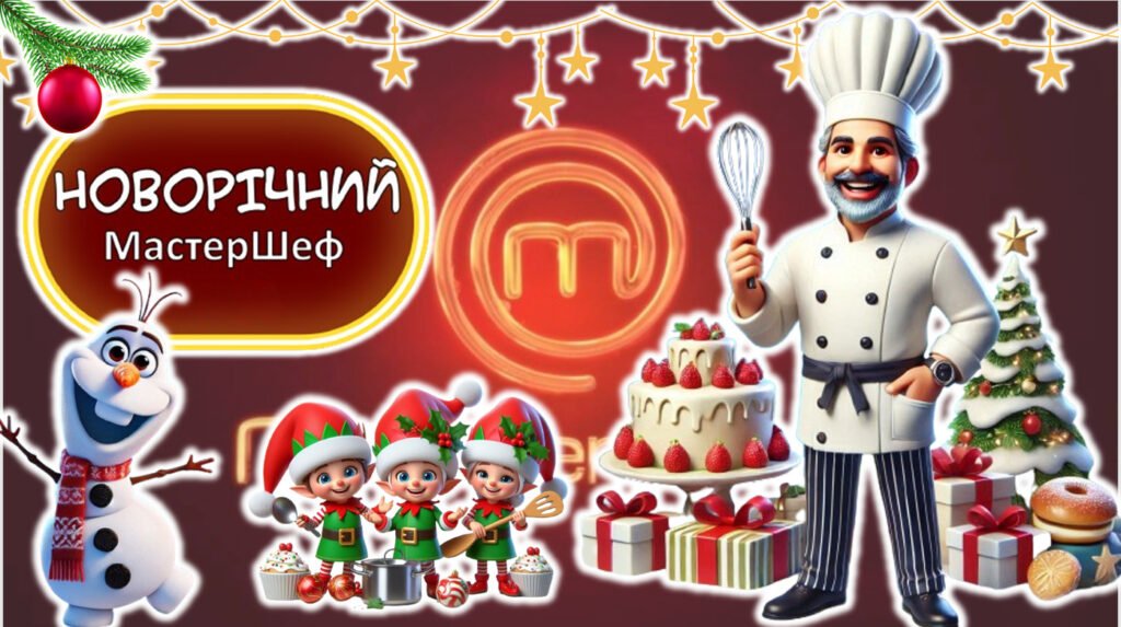 Головне зображення розробки: НОВОРІЧНИЙ МАСТЕРШЕФ інтерактивна розважальна гра (презентація+конспект+розтаковий матеріал+розтяжка)
