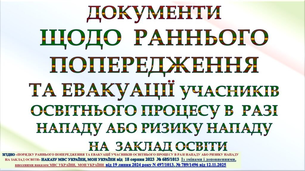 Головне зображення розробки: ПОРЯДОК РАННЬОГО ПОПЕРЕДЖЕННЯ ТА ЕВАКУАЦІЇ УЧАСНИКІВ ОСВІТНЬОГО ПРОЦЕСУ В РАЗІ НАПАДУ АБО РИЗИКУ НАПАДУ наказ МВСУ МОНУ від 18.08.2023 № 685/1013 3