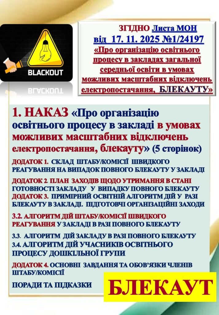 Головне зображення розробки: БЛЕКАУТ. ОРГАНІЗАЦІЯ ОСВІТНЬОГО ПРОЦЕСУ В ЗАКЛАДІ ОСВІТИ В УМОВАХ БЛЕКАУТУ