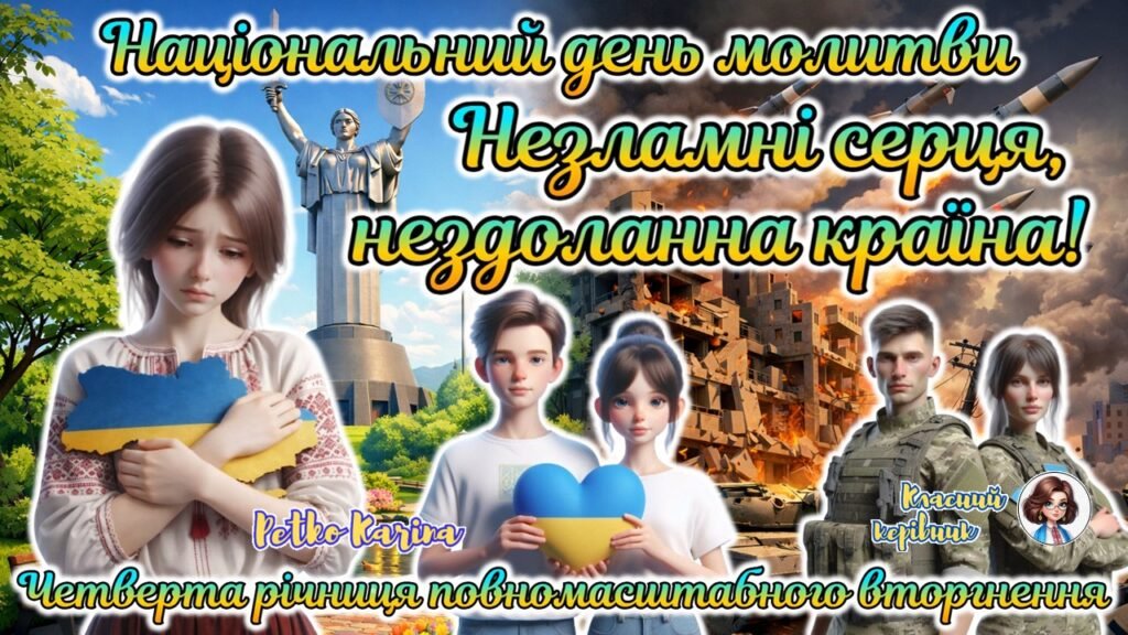 Головне зображення розробки: 24 лютого – Національний день молитви. Анімована презентація “Незламні серця, нездоланна країна”. Четверта річниця повномасштабного вторгнення росії в