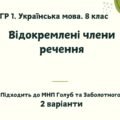 ГР 1. Підсумкова (діагностична) робота. Українська мова. 8 клас. “Відокремлені члени речення”. Підходить до МНП Голуб та Заболотного. 2 варіанти