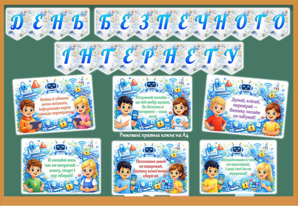 Головне зображення розробки: День безпечного інтернету. Готовий тематичний набір (оформлення дошки, правила, робочий аркуш, кубик Блума).