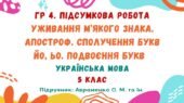 ГР 4. Підсумкова робота №6. Уживання м’якого знака. Апостроф. Сполучення букв йо, ьо. Подвоєння букв. Українська мова. 5 клас НУШ (Авраменко О. М.)