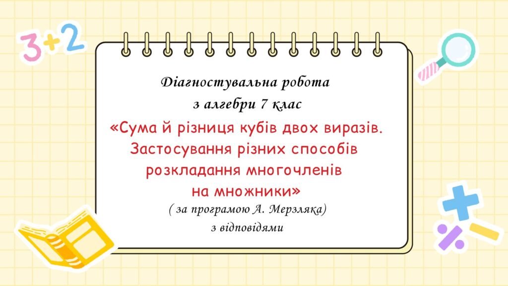 Головне зображення розробки: Діагностувальна робота за групами результатів з алгебри 7 клас “Сума й різниця кубів двох виразів. Застосування різних способів розкладання многочлені