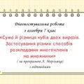 Діагностувальна робота за групами результатів з алгебри 7 клас “Сума й різниця кубів двох виразів. Застосування різних способів розкладання многочлені