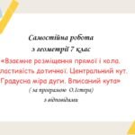 Самостійна робота за групами результатів з геометрії 7 клас «Взаємне розміщення прямої і кола. Властивість дотичної. Центральний кут. Градусна міра ду