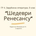 ГР 4. Підсумкова (діагностична) робота. 8 клас. Зарубіжна література. “Шедеври Ренесансу” (МНП Ніколенко). Підручник Міляновських; 2 варіанти