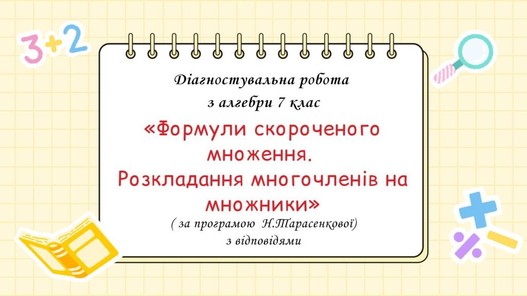 Головне зображення розробки: Діагностувальна робота за групами результатів з алгебри 7 клас “Формули скороченого множення. Розкладання многочленів на множники”