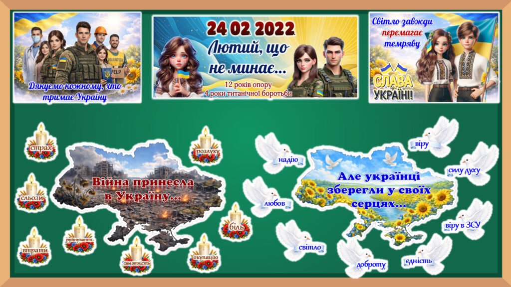 Головне зображення розробки: 24 лютого – четверта річниця повномасштабного вторгнення. Оформлення дошки “Лютий, що не минає…” + взаємодія з учнями.
