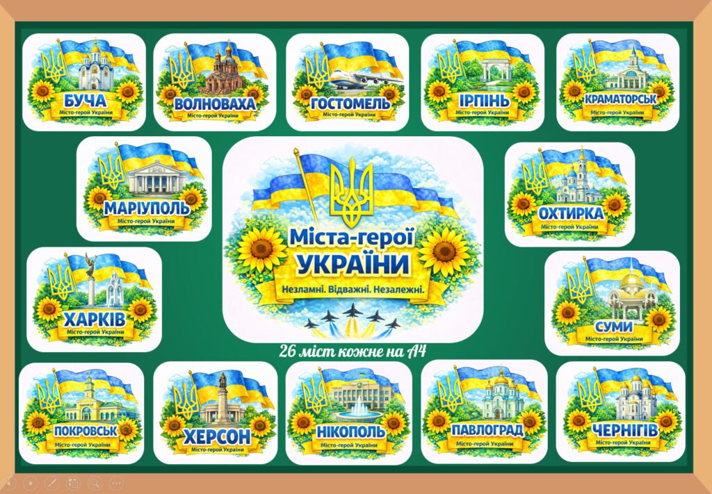 Головне зображення розробки: «Міста-герої України» оформлення дошки, класу. Набір із 26 міст.