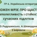 ГР 4. Підсумкова (діаг) робота. 8 клас. Укр. літ. “Кожен мріє про щастя. Наполегливість і стійкість сучасних підлітків””(МНП Заболотного 2 варіанти