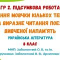 ГР 2. Підсумкова робота. Читання мовчки кількох текстів та виразне читання поезії, вивченої напам’ять. Українська література. 8 клас (Заболотний В.)