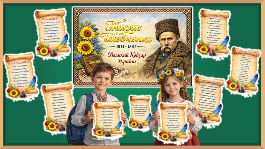 Головне зображення розробки: Оформлення дошки до 9 березня “Тарас Шевченко – Великий Кобзар України”. 212-та річниця від дня народження Тараса Шевченка.
