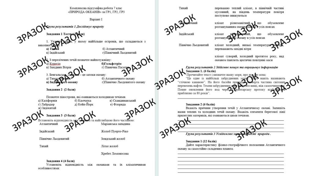Головне зображення розробки: Комплексна підсумкова робота 7 клас Запотоцький з теми: «Природа океанів» за ГР