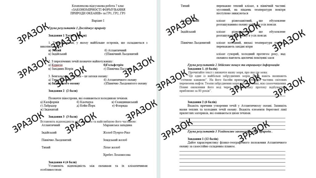 Головне зображення розробки: Комплексна підсумкова робота 7 клас Кобернік з теми: «Закономірності формування природи океанів» за ГР